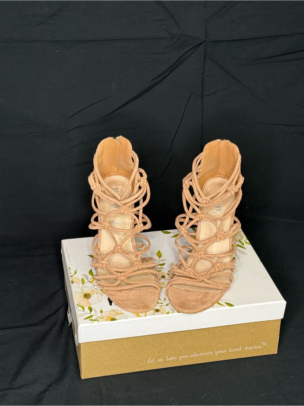 Buckle Strappy Braided Heels in Tan